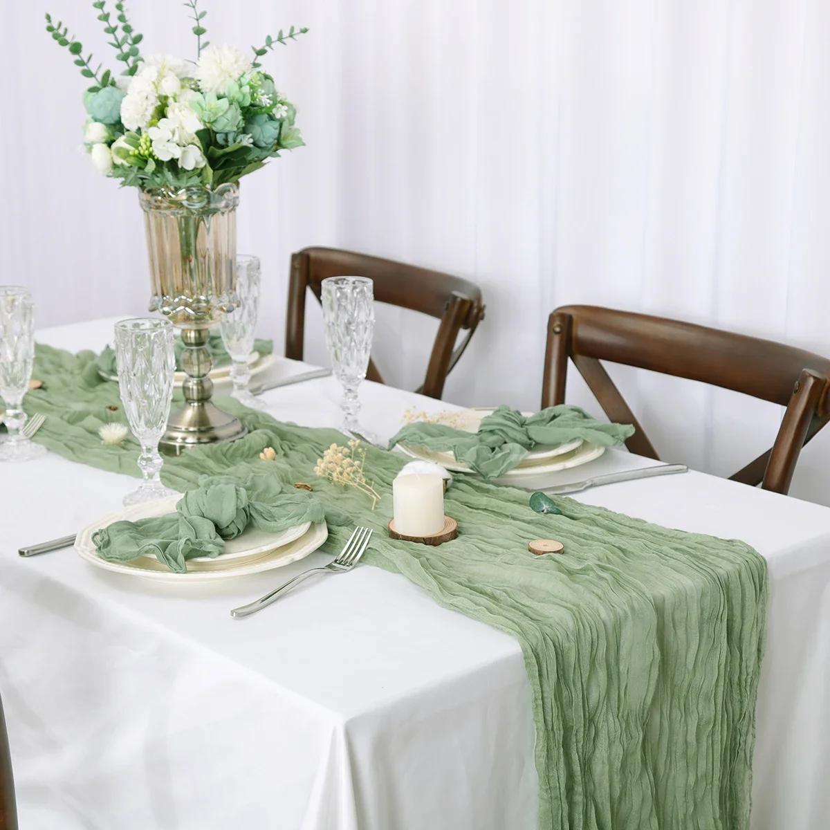 1pcs Sage Green Gauze Table Runner Decoration Rustic Country Boho Beach Wedding Party Christmas Thanksgiving Easter